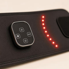 Close-up of the four-button control panel and the red LEDs on the neoprene fabric