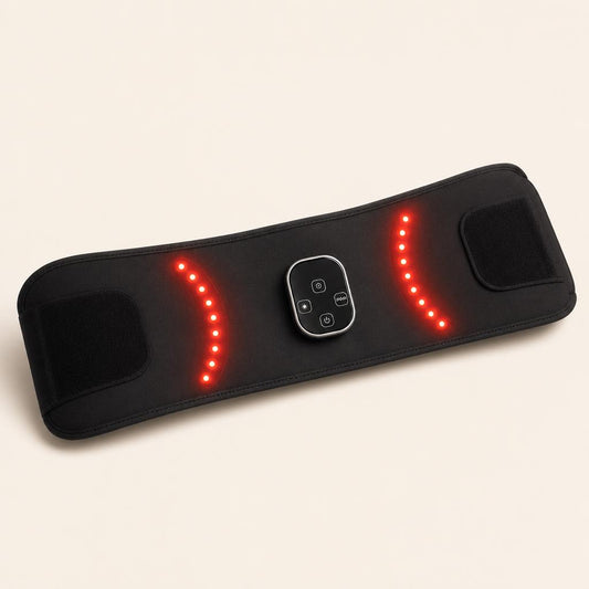Red light therapy wrap laid flat with its LEDs on and the control panel visible